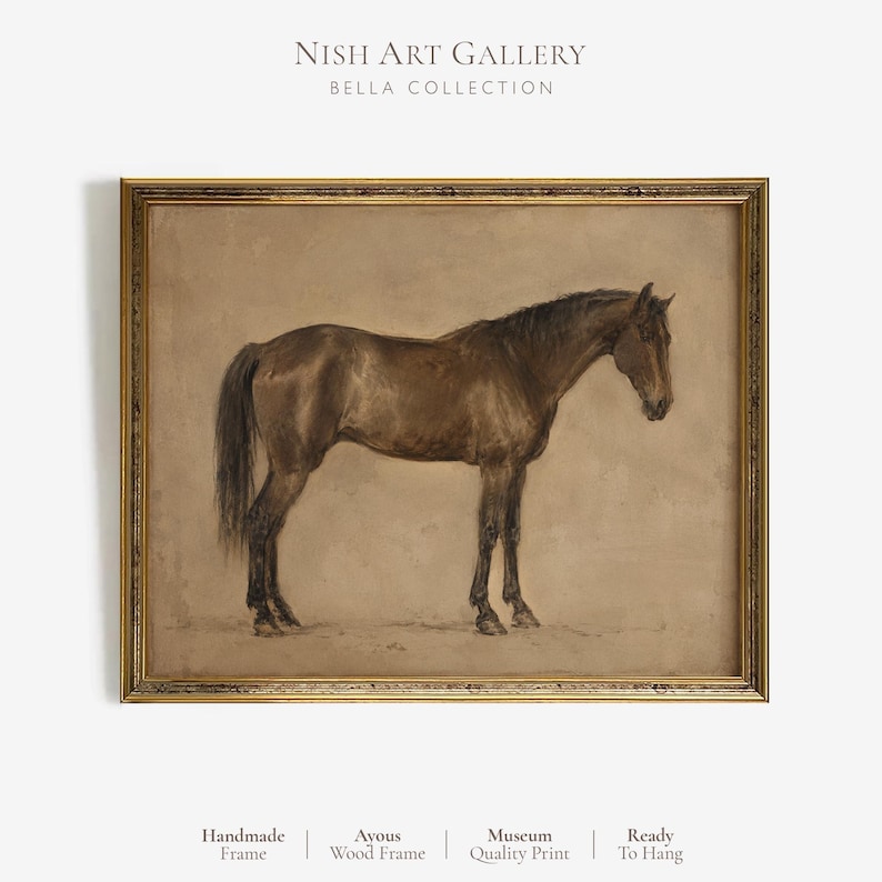 May include: A framed wall art print featuring a brown horse in profile against a neutral beige background. The artwork is enclosed in a decorative gold-toned wooden frame. Text at the top reads NISH ART GALLERY BELLA COLLECTION.