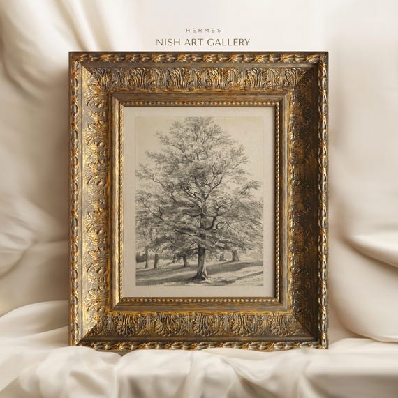 ヴィンテージツリースケッチ：ゴールドフレームの風景画 #177 - Etsy 日本