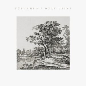 May include: Black and white print of a landscape with trees and a river. The trees are in the foreground and the river is in the background. The print is unframed.