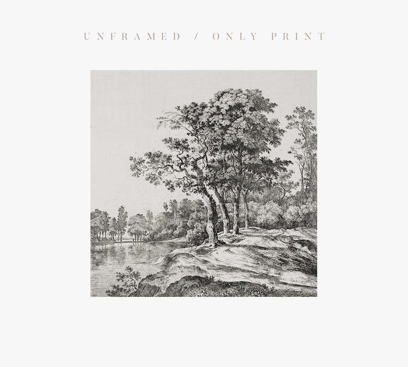 May include: Black and white print of a landscape with trees and a river. The trees are in the foreground and the river is in the background. The print is unframed.