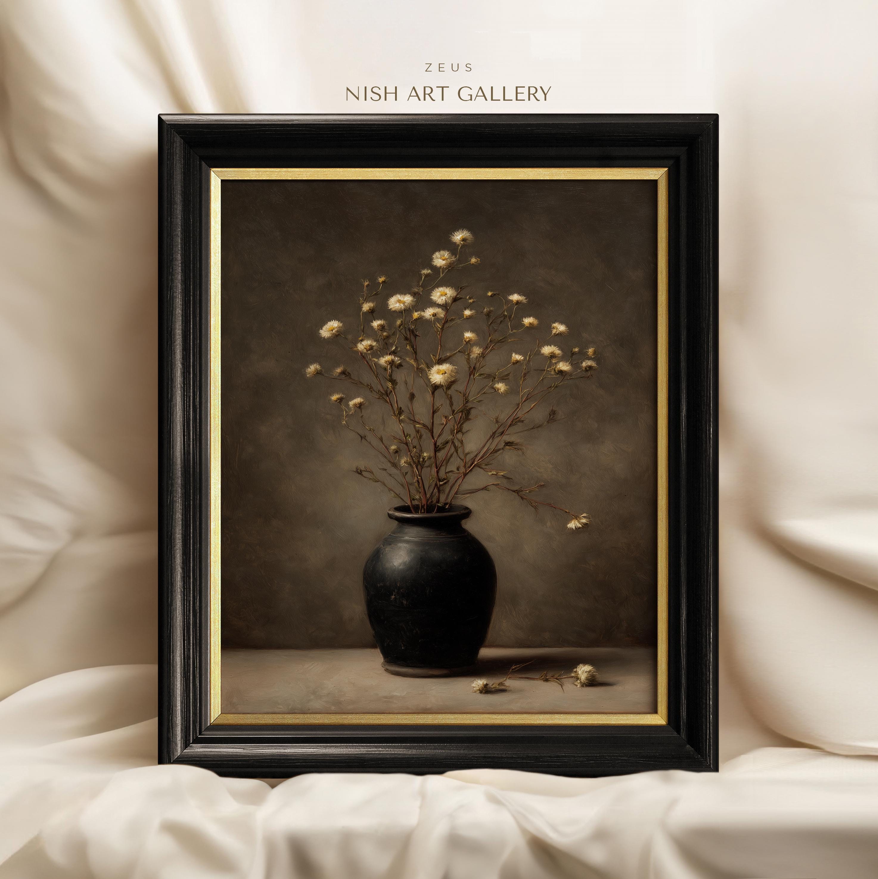 Dark Floral Still Life Print – Moody Neutral Vase Painting – Vintage ...