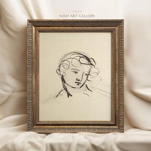 Arte minimalista con marco vintage, impresión de retrato, dibujo lineal vintage, dibujo de mujer, boceto artístico, marco dorado ornamentado, regalo de inauguración de la casa n.° 84