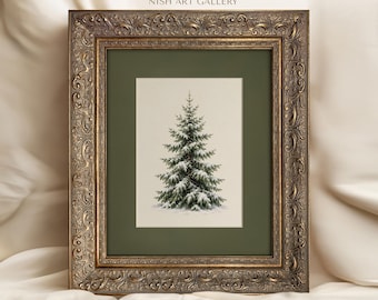 Snowy Pine Tree Framed Print, Vintage Christmas Winter Wall Art, Green Mat Cottage Farmhouse Decor