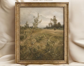 Vintage Meadow Landscape Framed Print, Vintage Wildflower Field Wall Art, Rustic Cottage Farmhouse Decor