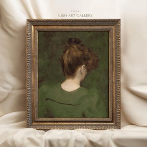 Vintage Art Framed, French Woman Back Portrait, Green Moody Painting, Antique Replica Art, Ornate Gold Framed, Farmhouse Decor #17