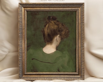 Framed French Woman Portrait: Vintage Green Moody Art, Ornate Gold Frame #17