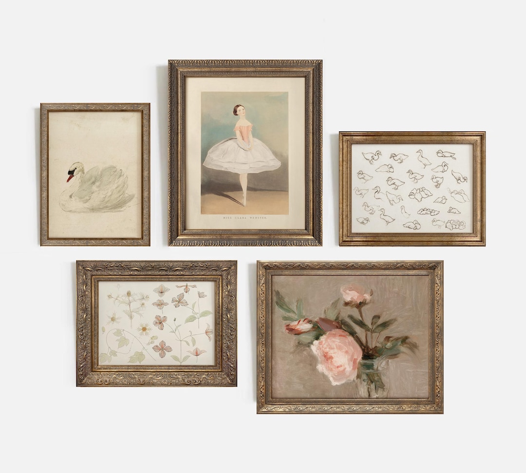 Framed Nursery Gallery Wall Art Set: Vintage Beige & Pink Prints #429 ...