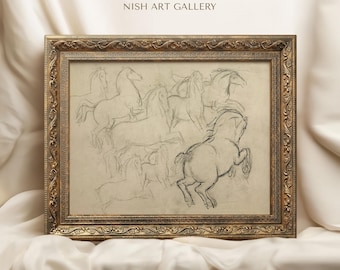 Framed Horse Sketch Print: Antique Replica in Ornate Gold Frame #193