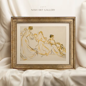 Vintage Art Framed, Housewarming Gift, Vintage Drawing, Women Dancing Sketch, Simple Neutral Art Digital, Gold Framed, Giclee Art Print #181