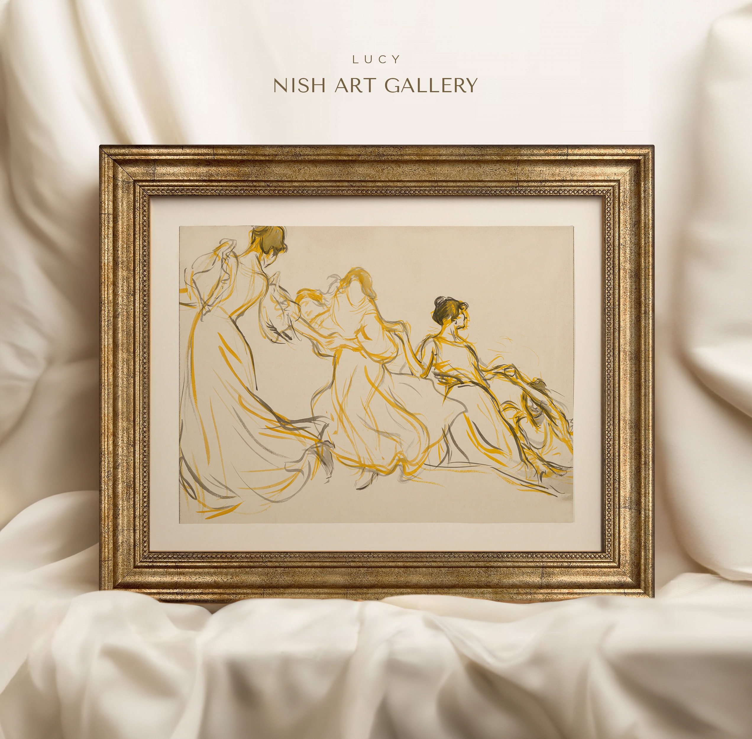 Vintage Art Framed, Housewarming Gift, Vintage Drawing, Women Dancing Sketch, Simple Neutral Art Digital, Gold Framed, Giclee Art Print #181