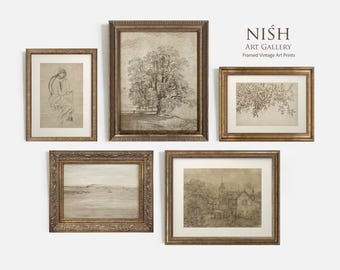 Set of 5 Framed Vintage Art Prints, Neutral Gallery Wall Decor #707