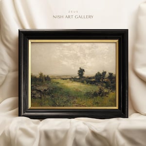 May include: A framed landscape painting depicting a field with trees and a cloudy sky. The painting is in a black frame with a gold inner border. The title "ZEUS NISH ART GALLERY" is printed at the top of the image.