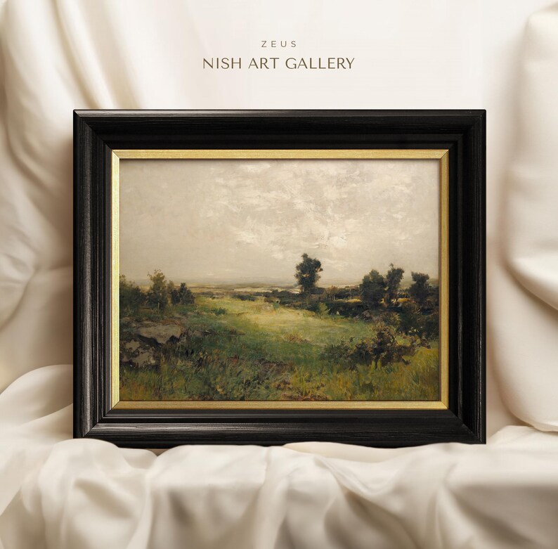 May include: A framed landscape painting depicting a field with trees and a cloudy sky. The painting is in a black frame with a gold inner border. The title "ZEUS NISH ART GALLERY" is printed at the top of the image.