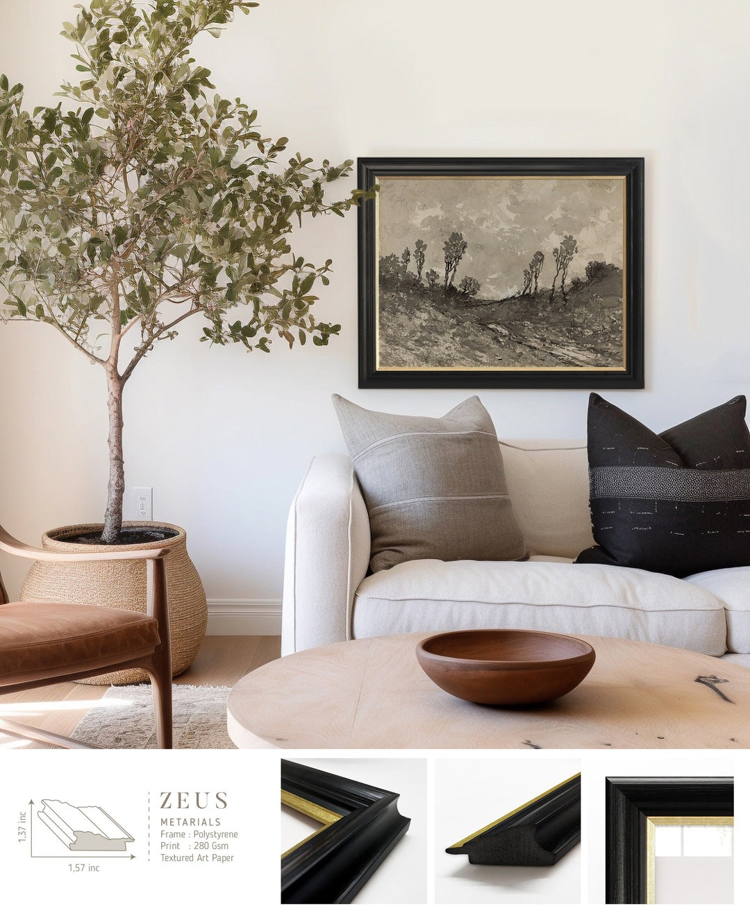 ヴィンテージのダークフォレストアートプリント：華やかなゴールド