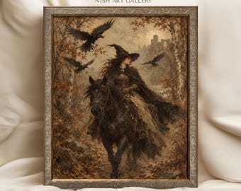 Halloween Witch Framed Print, Vintage Gothic Raven Wall Art, Dark Forest Horse Rider, Rustic Fall Cottage Decor