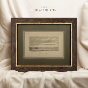 Seascape Framed Sketch Art, Vintage Framed Wall Art, Sage Green Matted, Antique Sailboat Drawing, Transitional Home Decor, Sailor Gift #52