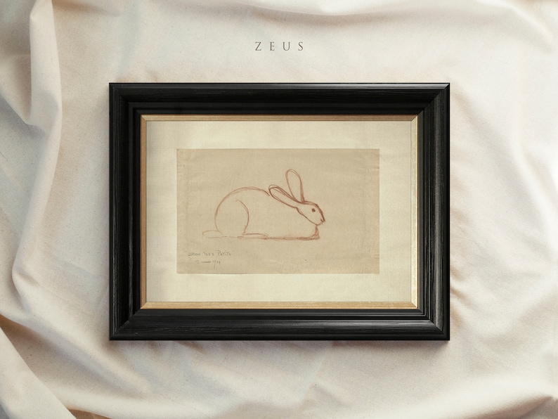 Arte vintage incorniciata, disegno di coniglio, schizzo antico, arte animale vintage, cornice dorata ornata, decorazione da parete vintage, regalo di inaugurazione della casa n. 64 ZEUS