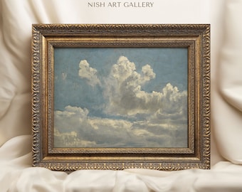 Vintage Art Framed, Vintage Cloud Painting, Nursery Wall Decor, Vintage Landscape Painting, Antique Cloud Study Painting, Gold Framed #1