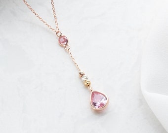 Personalized Dainty Lariat Necklace with Birthstone, Delicate Rose Gold Y Necklace,Birthday Gift,Sterling Silver Drop Necklace