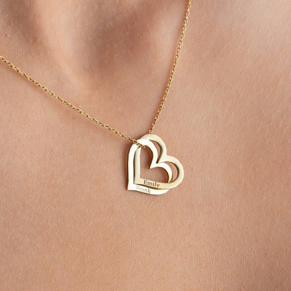 Personalized Double Heart Intertwined Gold Necklace, Interlocked Love Hearts Necklace, Gift for Her,Mom/Daughter Necklace