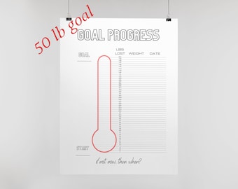 Printable Weight Loss Tracker, 50 lbs, Thermometer Goal Progress Tracker, Digital Download, Print at Home