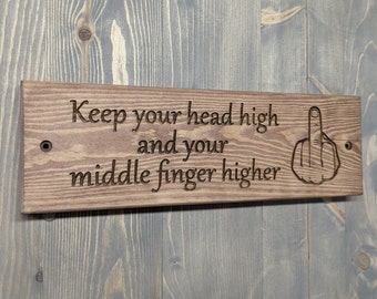 Middle Finger Higher Sign - Engraved - Solid wood