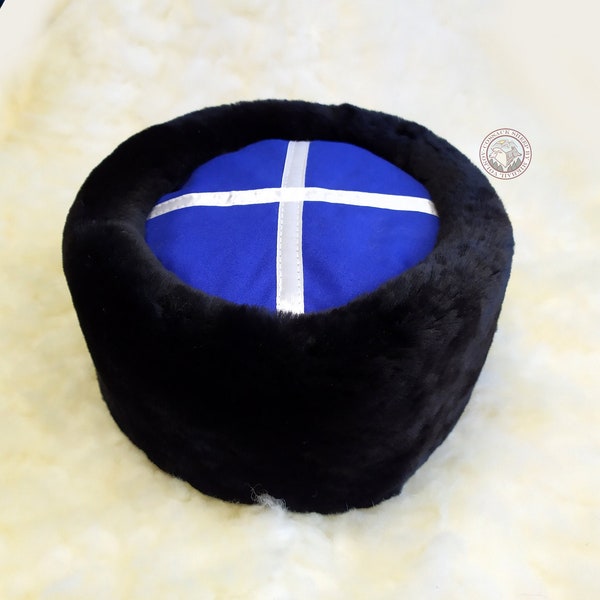 Black Papakha Hat Genuine Muton Sheepskin Cossack HQ | Ethnic headdress | Fur hat Kubanka blue top | Caucasus traditional caps