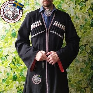 Black Cossack Chokha Traditional coat men&#39;s dress costume + 16 chest Gazyr. Georgian / Armenian noble & Caucasus uniform ethnic clothing HQ