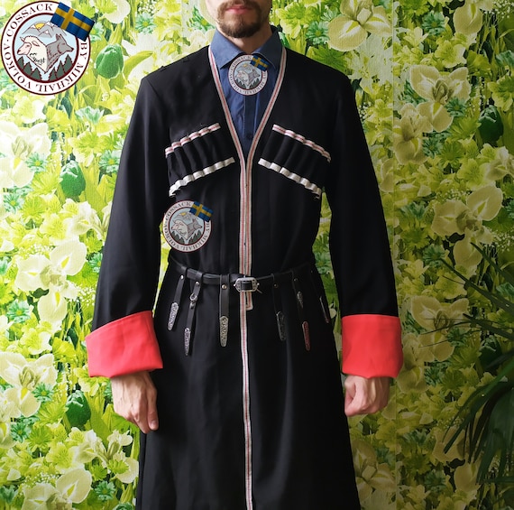 Black Chokha Traditional Coat Man Dress Costume Cossack and