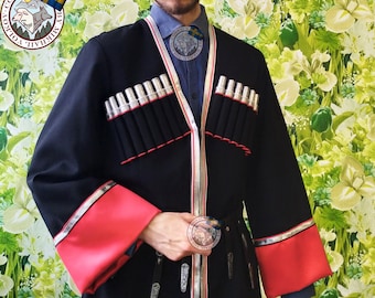 Black Chokha Cossack  & Caucasus Traditional coat men's dress costume + 16 chest accessory | Folk culture clothing for respected persons