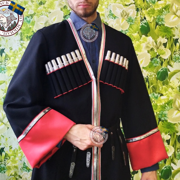 Black Chokha Cossack  & Caucasus Traditional coat men's dress costume + 16 chest accessory | Folk culture clothing for respected persons