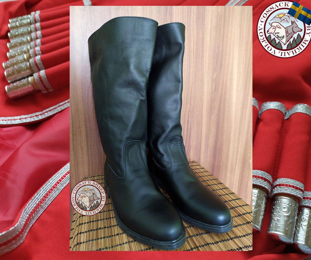 Cossack Army Chrome Leather Boots. Russian Military Style Rider