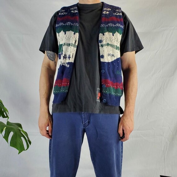 Vintage 80s 90s sweater vest cardigan knit cottage scene forest
