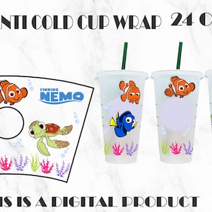 Puede incluir: Diseño digital para un envoltorio de vaso frío Venti, con personajes de "Buscando a Nemo". El diseño incluye a Nemo, Dory y Crush, con corales y burbujas. También se ve el texto "VENTI COLD CUP WRAP 24 OZ" y "THIS IS A DIGITAL PRODUCT".