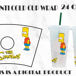 Op de afbeelding: Een digitale download van een 24 ounce koude beker wrap met een cartoon afbeelding van Bart Simpson van The Simpsons. Het ontwerp bevat de tekst "The Simpsons" en een geel en blauw Bart Simpson personage. De afbeelding toont ook een doorzichtige plastic beker met hetzelfde ontwerp.