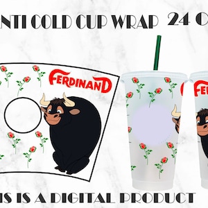 Puede incluir: Una descarga digital para una envoltura de vaso frío de 24 onzas con Ferdinand el toro de la película Ferdinand. La envoltura tiene un fondo blanco con rosas rojas y el texto "FERDINAND".