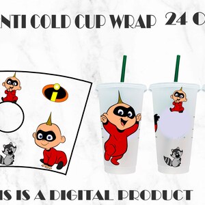 Puede incluir: Una descarga digital para una envoltura de vaso frío de 24 onzas con un bebé de dibujos animados con un traje rojo y una máscara negra. El diseño también incluye un mapache y el símbolo de superhéroe de una letra "I" estilizada en un círculo. El texto "VENTI COLD CUP WRAP 24 OZ" está en la parte superior de la imagen. El texto "THIS IS A DIGITAL PRODUCT" está en la parte inferior de la imagen. El texto "SVG, PDF, EPS, DXF, PNG" está en el lado derecho de la imagen.