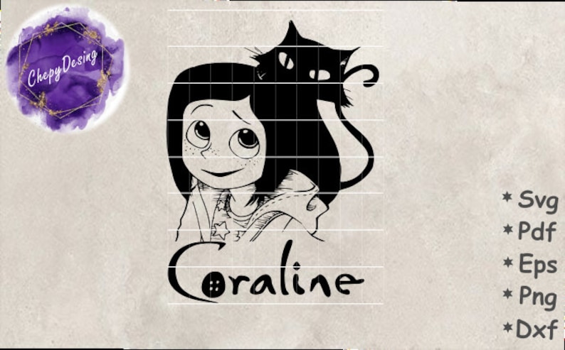 May include: Black and white illustration of a girl with short hair and a cat. The girl is wearing a jacket and has a button on her chest. The text "Coraline" is written below the image.