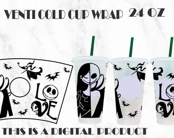 Wrap Jack et Sally Svg, Tasse Venti Cold 24 Oz, Silhouette Wrap Halloween Svg, Wrap Halloween Svg, L'Étrange Noël de Monsieur Jack Svg, Png, PDF