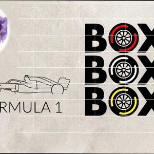 Puede incluir: Una ilustración en blanco y negro de un coche de carreras de Fórmula 1 con el texto "FORMULA 1" debajo. La imagen también incluye tres palabras negras "BOX" con un gráfico de neumático rojo, blanco y amarillo junto a cada palabra.