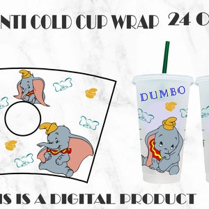 May include: A digital download of a 24 ounce cold cup wrap featuring a cartoon image of Dumbo the elephant. The wrap is designed to fit a standard cold cup and includes a variety of Dumbo images and the word "Dumbo" in a blue font. The download includes SVG, PDF, EPS, DXF, and PNG files.