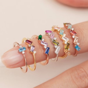 Mother's Day Gift, Gold Birthstone Ring , Baguette Ring, Multi-Stone Ring, Ring, Grandma Family Ring,Bridesmaid Gift, anniversary Ring