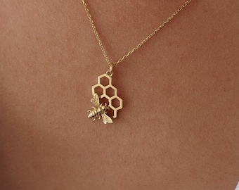 Bienenwabe Halskette mit Bienenanhänger, Bienenstock Halskette, Speichern Sie die Bienen, Geschenk für sie, Muttertagsgeschenk, Bienenhalskette