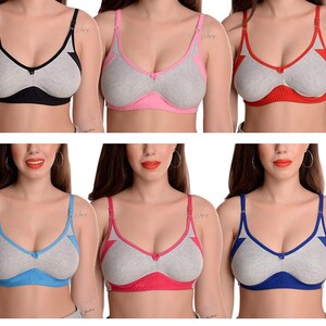 Cotton Non-Padded Non-Wired Regular Bra  for Women, Full cup t-shirt bra for everyday wear, Pack of 6, Daily Summer Wear Bra Set for Girls