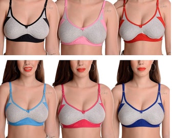 Cotton Non-Padded Non-Wired Regular Bra  for Women, Full cup t-shirt bra for everyday wear, Pack of 6, Daily Summer Wear Bra Set for Girls