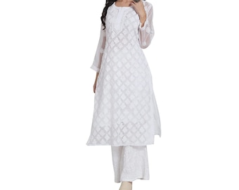 White Lucknowi Georgette Women Kurtis With Free Matching Lining Slips, Chikankari Unique Premium Quality Full Butti Jaal Kurta For Women