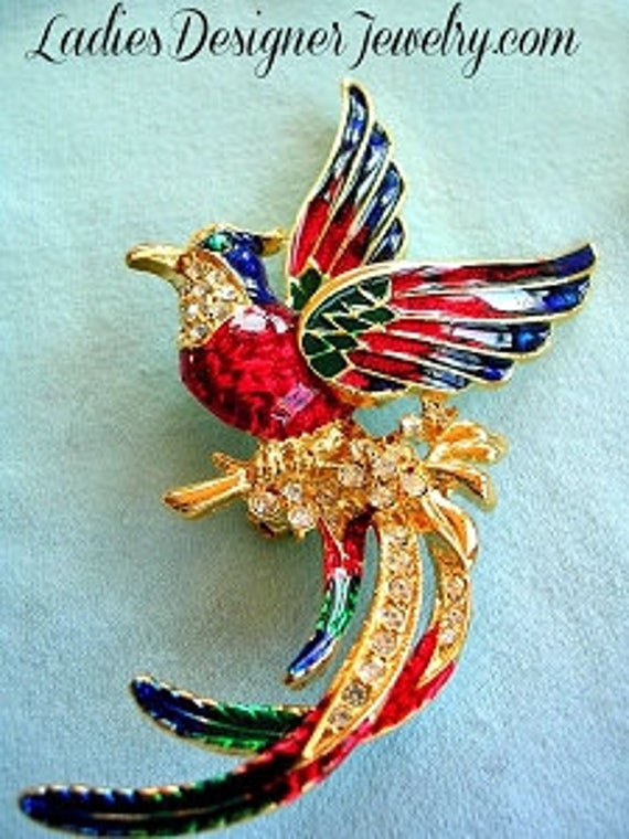 Vintage Hummingbird Pin Brooch Rhinestone Handpai… - image 1