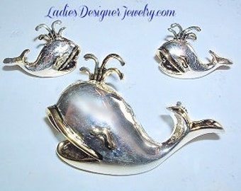 Vintage Whale Pendant Pierced Earrings Set, Ocean Sealife Fish Pendants Nautical, Vacation Fashion Pin Brooch Designer Jewelry