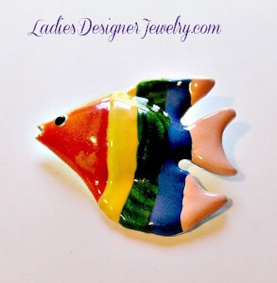 Tropical Handpainted Enamel Fish Vintage Pin Pend… - image 1