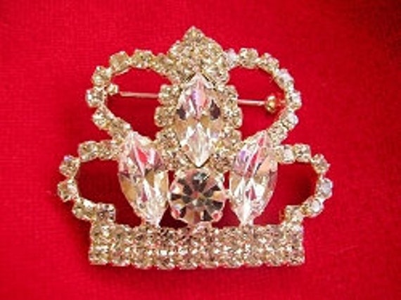 Vintage Diamond Rhinestone Large Crown Pin Brooch… - image 1